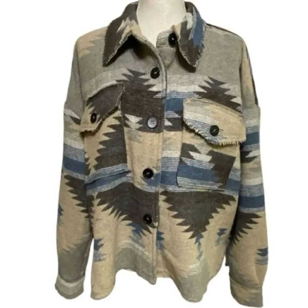 La Miel Womens Eldora Aztec Loose Fit Southwestern Shacket Size Large